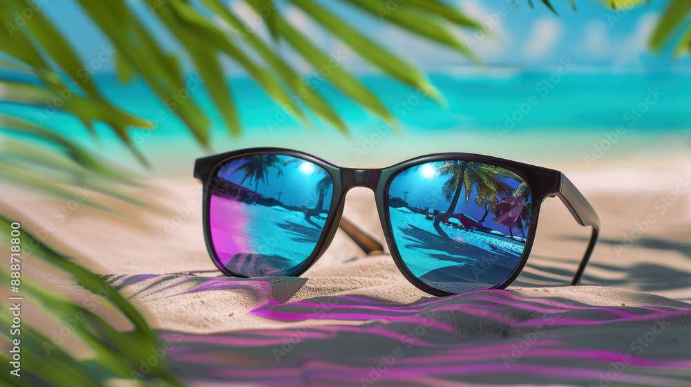 Sunglasses on the Beach with Palm Tree Reflection