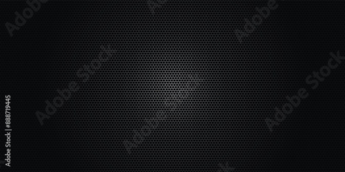 Dark grey abstract wide horizontal banner with hexagon carbon fiber grid and orange luminous lines. Technology vector background with orange neon lines