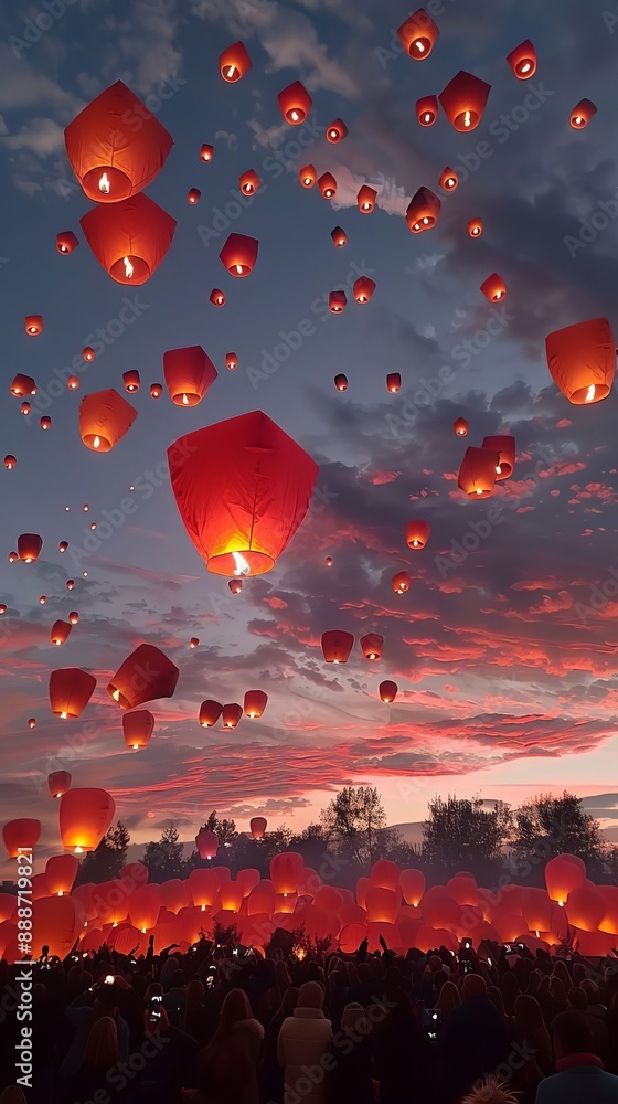 Obraz premium Glowing Sky Lanterns Floating At Sky At Night, Vesak, Buddhist Lent Concept