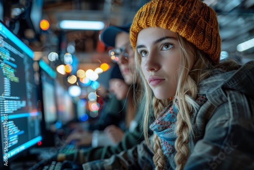 Happy Young Adults and Senior Mentors Collaborating in Technology and Coding Projects