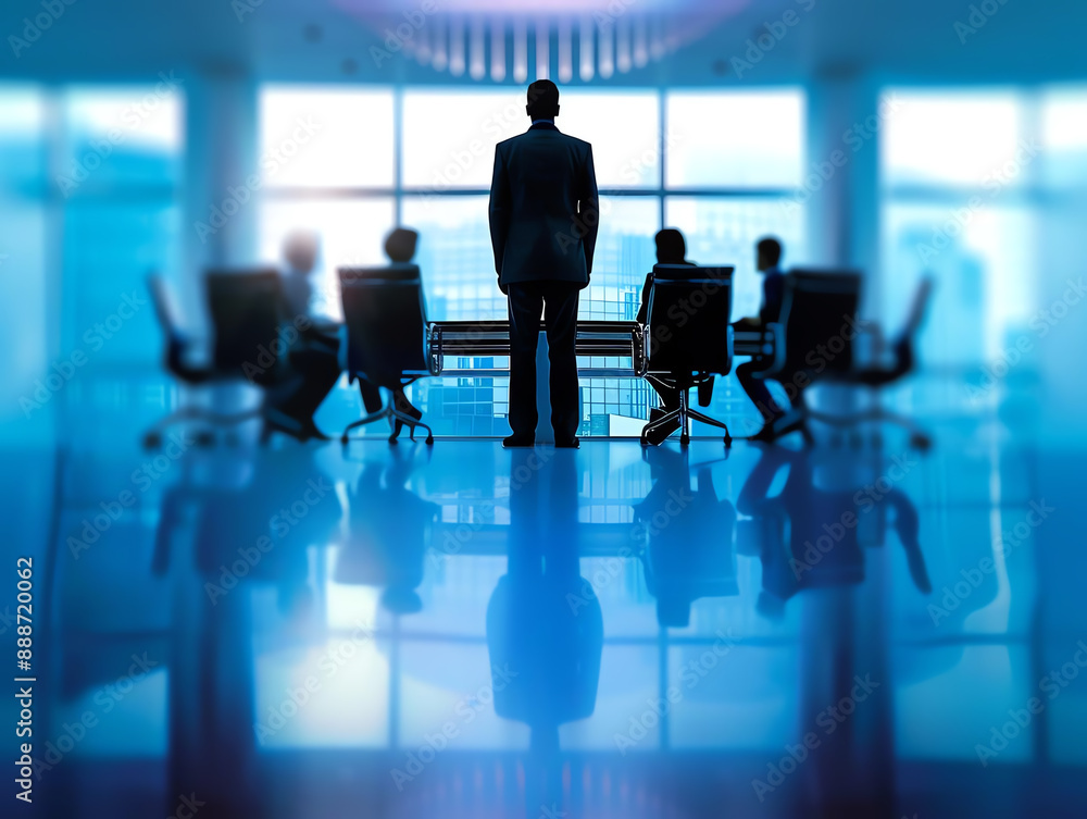 Business meeting in a modern office with executives and professionals gathered around a table, leader standing in front of a large window. Business meeting in a modern office with executives and professionals gathered around a table, leader standing in front of a large window.