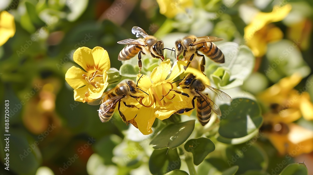 Bees around a flower in the season eating juice