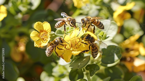 Obraz na płótnie Bees around a flower in the season eating juice w salonie