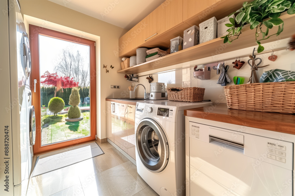 Modern Laundry Room with Stylish Organization, washing machine. Home Interior Concept. Home Improvement Modern Laundry Room with Stylish Organization, washing machine. Home Interior Concept. Home Improvement
