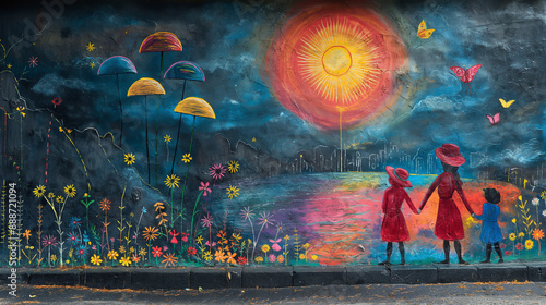 Illustrations of Mary Poppins and the Children Step into a world of brightly colored chalk drawings, filled with beautiful landscapes and fun creatures.	
 photo