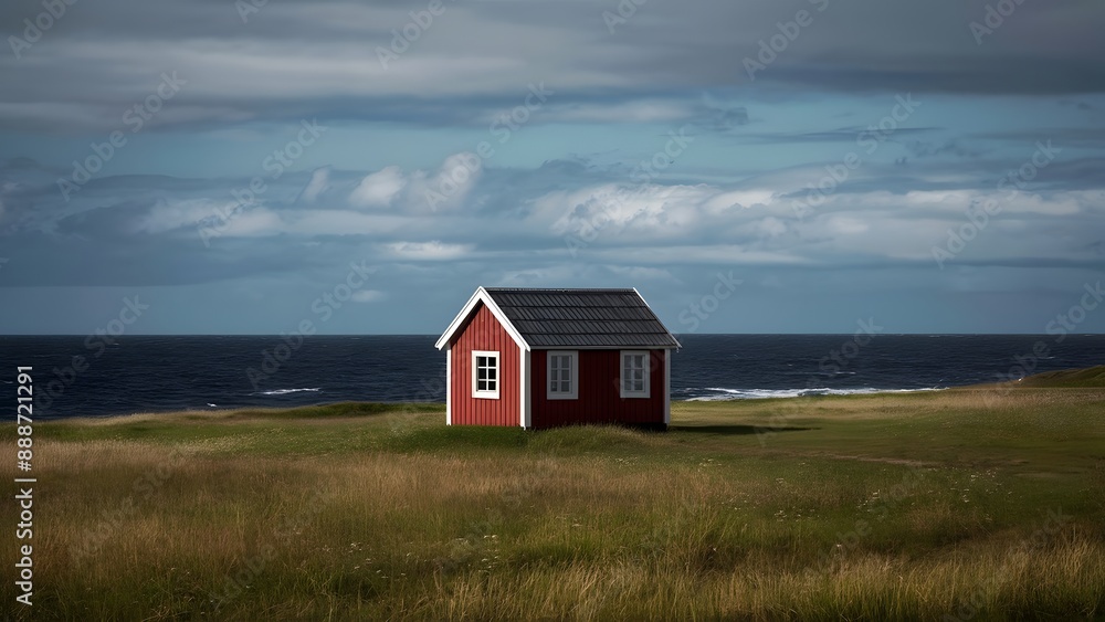 Distant Red House in High Contrast and Vignetting, Ocean and Field Distant Red House in High Contrast and Vignetting, Ocean and Field