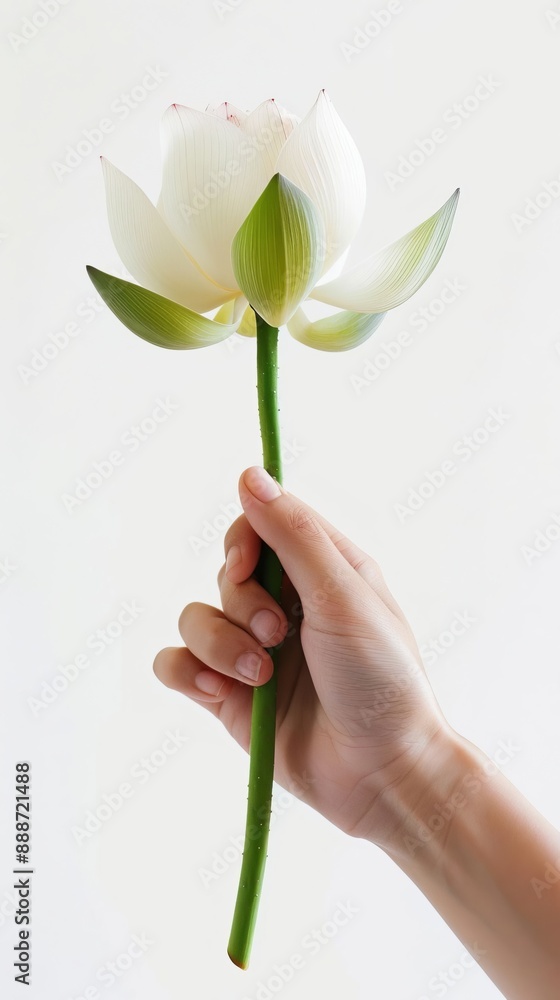 Woman's Hands Holding Water Lilly, Dewy Lotus Flower White Background, Vesak, Buddhist Lent Concept Woman's Hands Holding Water Lilly, Dewy Lotus Flower White Background, Vesak, Buddhist Lent Concept
