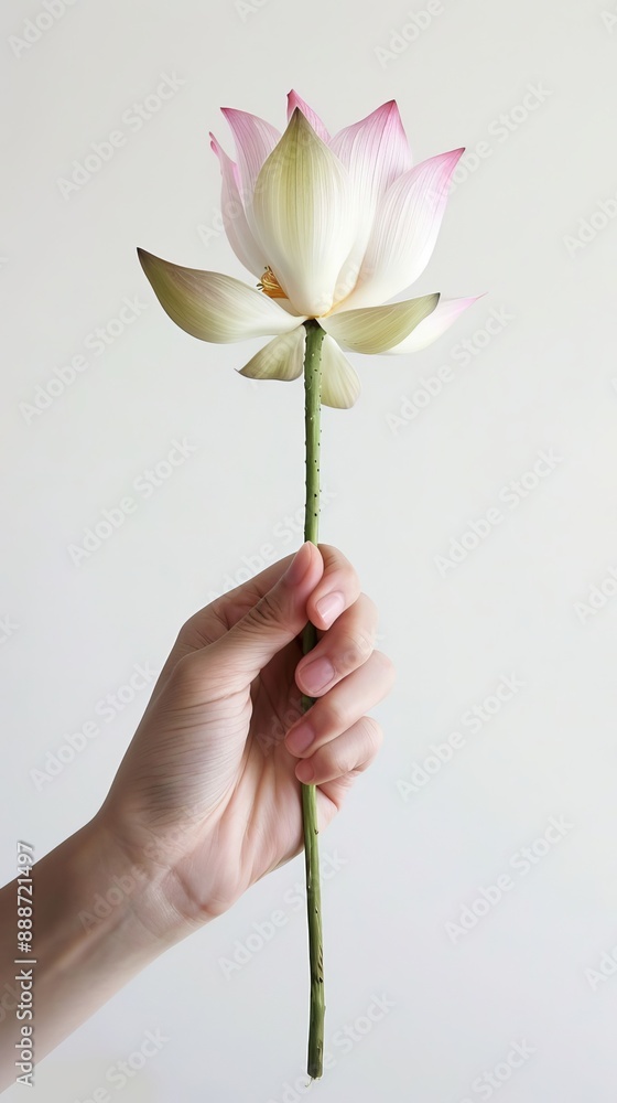 Woman's Hands Holding Water Lilly, Dewy Lotus Flower White Background, Vesak, Buddhist Lent Concept Woman's Hands Holding Water Lilly, Dewy Lotus Flower White Background, Vesak, Buddhist Lent Concept