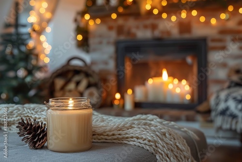 Empty candle jar on a mantel with a cozy living room background photo