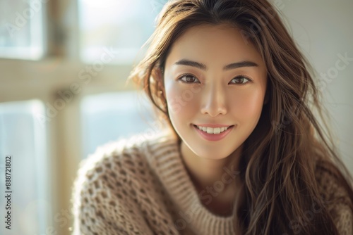 Portrait of beautiful smiling asian woman wearing beige sweater. © Bargais