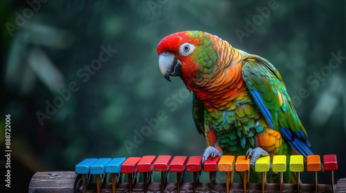 A photo of, a parrot talkative playing a xylophone, isolated on a dark olive drab background photo