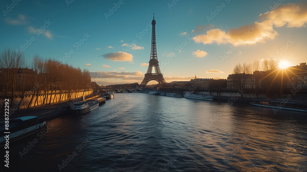 Fototapeta premium Eiffel Tower bathed in golden hour light, casting long shadows across the Seine River