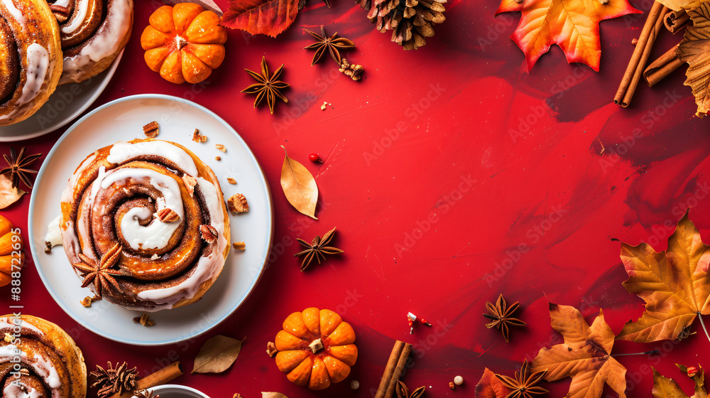 Cinnamon Rolls with Autumn Leaves and Mini Pumpkins on Red Background Cinnamon Rolls with Autumn Leaves and Mini Pumpkins on Red Background