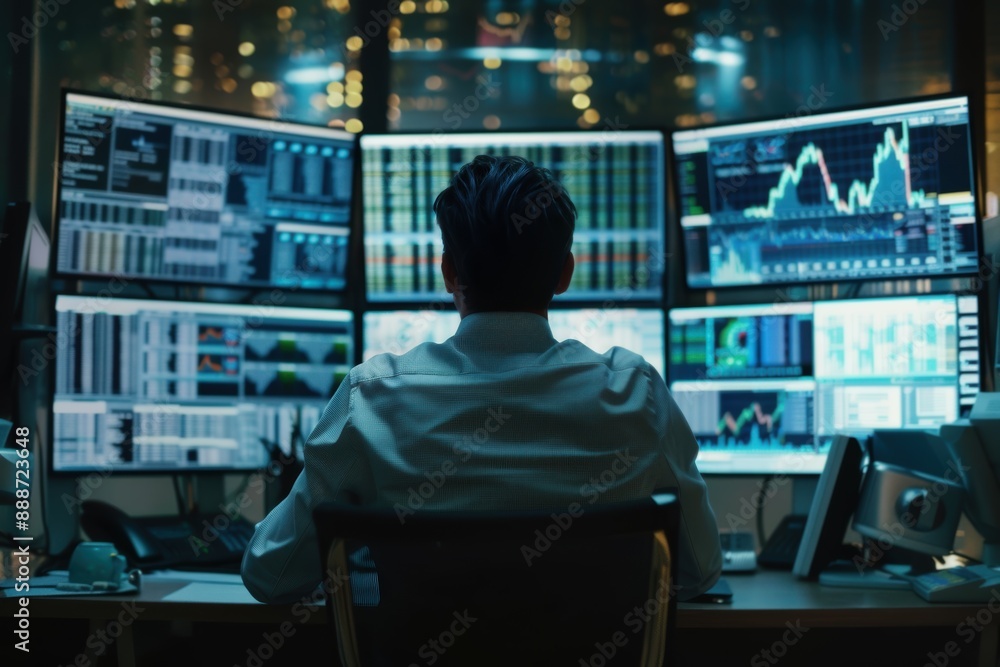 A person is sitting in front of multiple monitors displaying stock market charts and data, focusing intently on analyzing financial information in a dimly lit office A person is sitting in front of multiple monitors displaying stock market charts and data, focusing intently on analyzing financial information in a dimly lit office