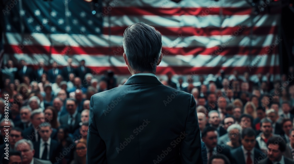 A man stands in front of a large audience with a U.S. flag backdrop. He appears to be giving a speech or addressing the crowd A man stands in front of a large audience with a U.S. flag backdrop. He appears to be giving a speech or addressing the crowd
