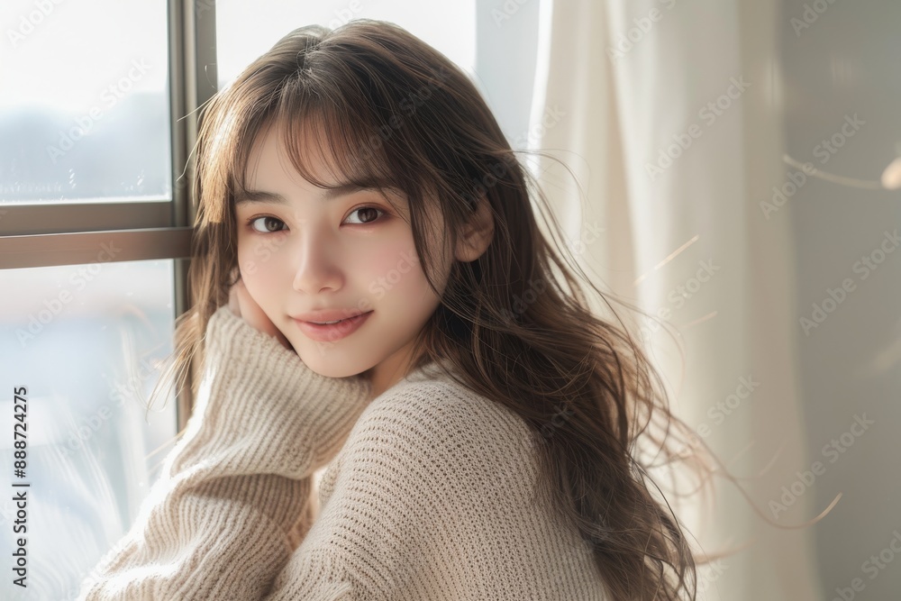 Portrait of beautiful smiling asian woman wearing beige sweater.
Portrait of beautiful smiling asian woman wearing beige sweater.