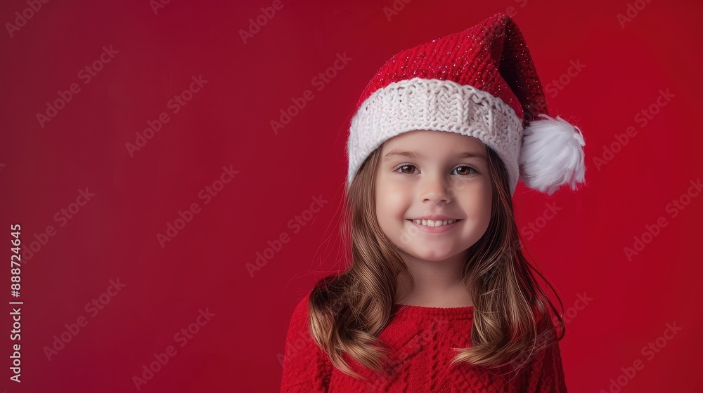 Adorable little girl in a red Santa hat smiling happily against a red background Adorable little girl in a red Santa hat smiling happily against a red background