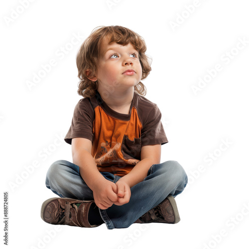 A young child with curly hair sits cross-legged, looking up contemplatively, wearing a brown and orange shirt with blue jeans