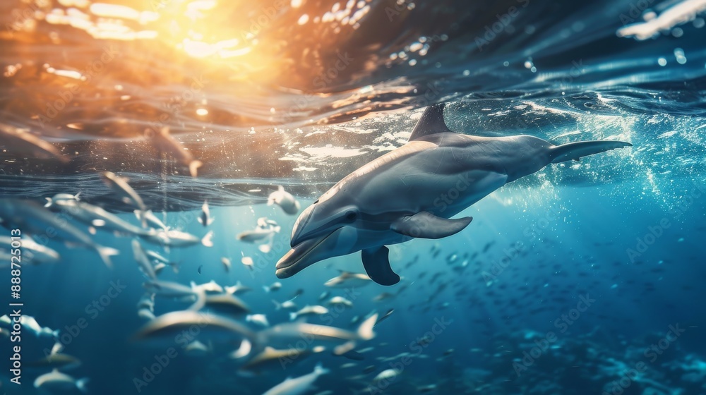 Obraz premium Dolphin hunting fish in the ocean.