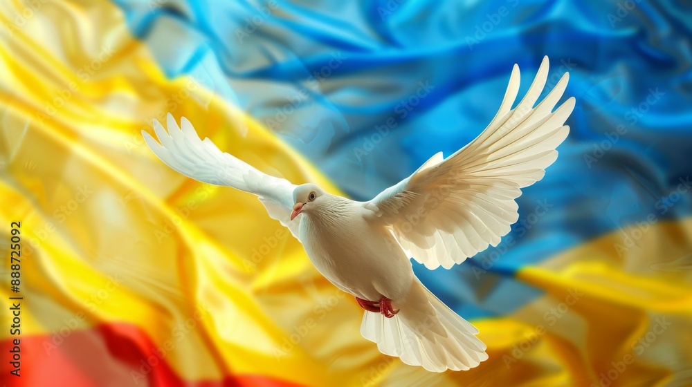Obraz premium A dove flying and Ukraine flag at background.