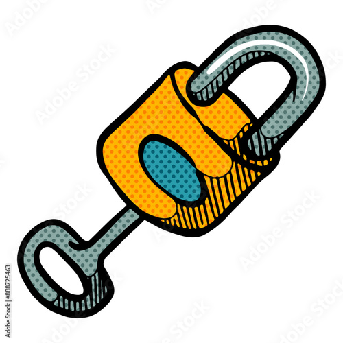 Key and padlock hand drawn halftone color vector illustration