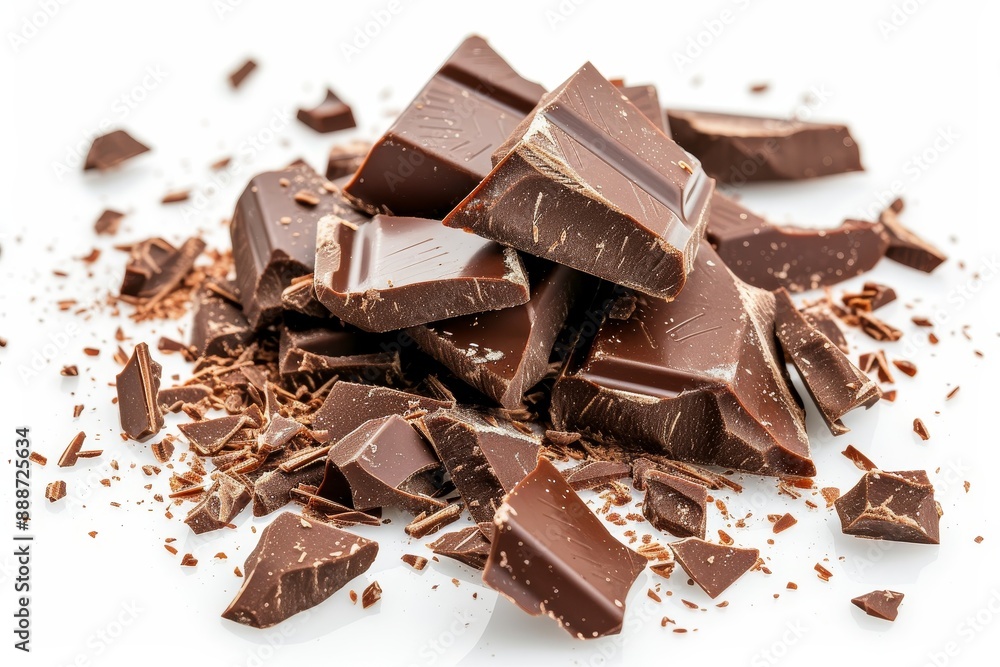 Pile of shattered chocolate on a blank surface Pile of shattered chocolate on a blank surface