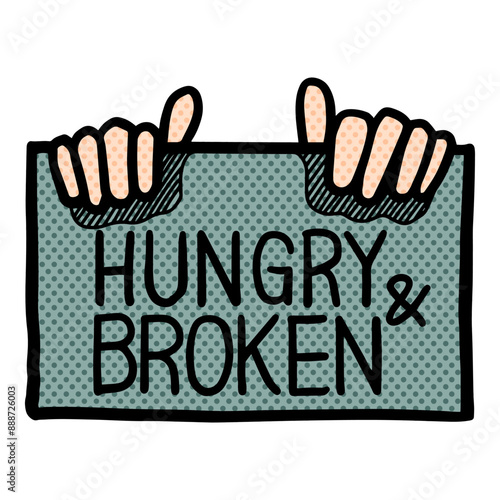 Hand holding sign icon halftone color vector illustration