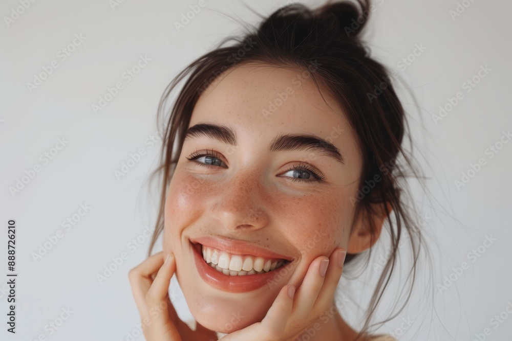 Portrait of a smiling girl with natural face glowing skin and white teeth standing against a white background Portrait of a smiling girl with natural face glowing skin and white teeth standing against a white background