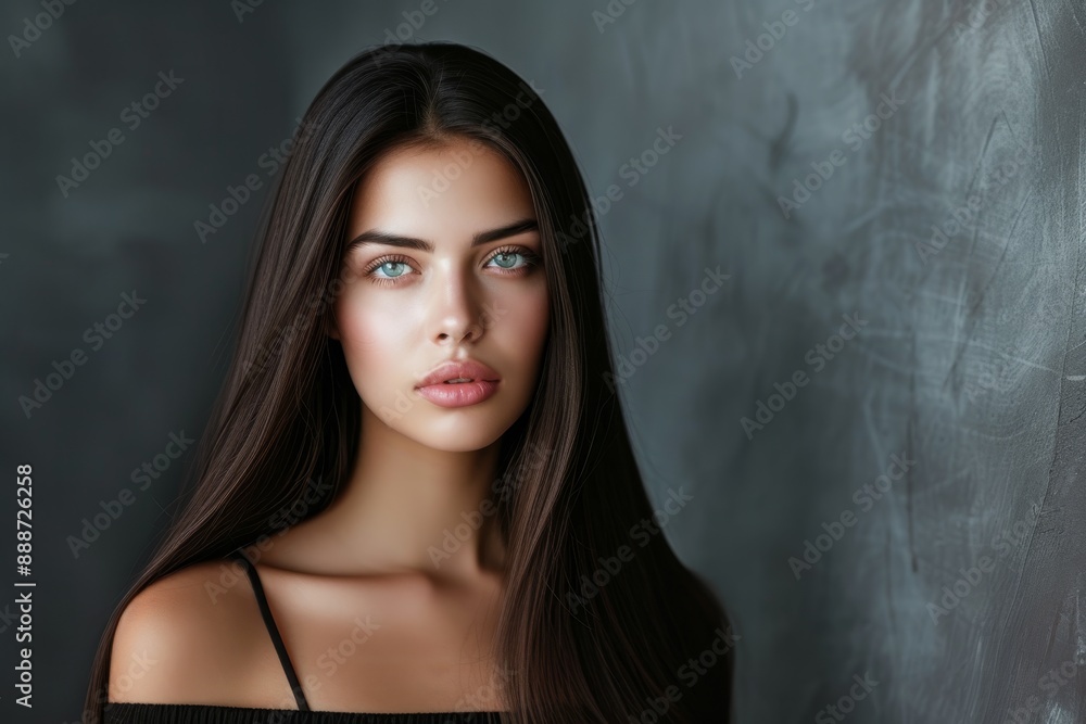 Portrait of a stunning brunette with straight hair at grey backdrop Portrait of a stunning brunette with straight hair at grey backdrop