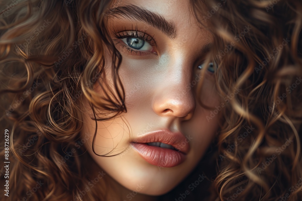 Portrait of a stunning woman model with curly hair up close Portrait of a stunning woman model with curly hair up close