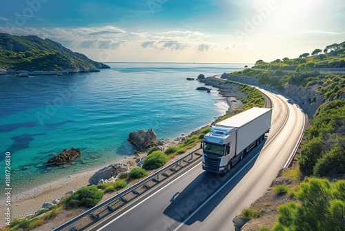 Fototapeta Naklejka Na Ścianę i Meble -  Refrigerated truck driving near a beach by the sea