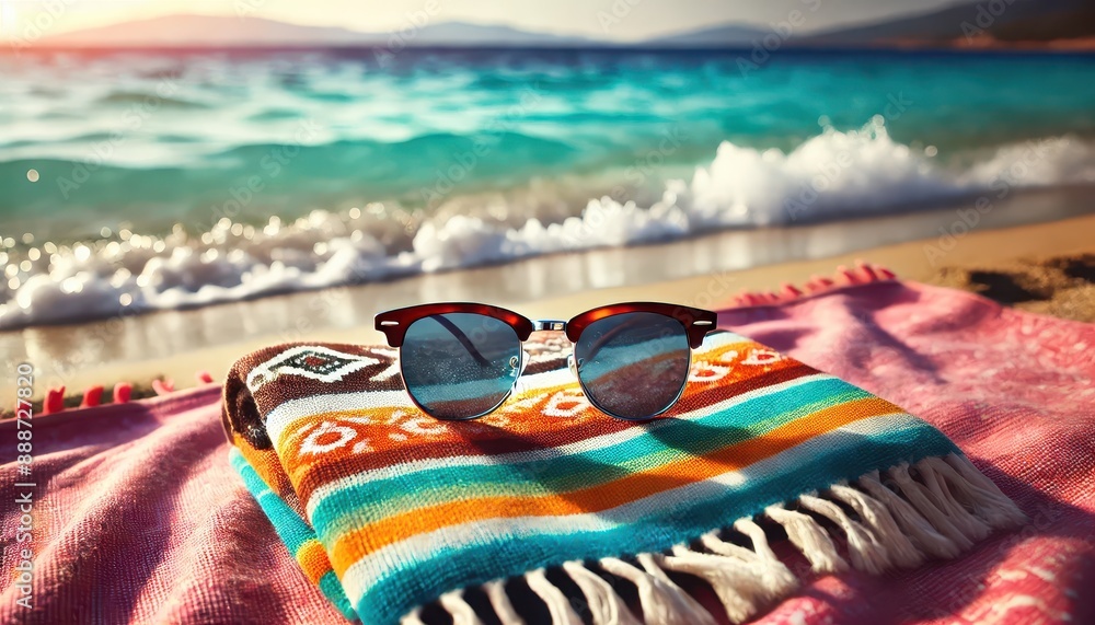 Sunglasses on Beach Towel with Ocean Background. Sunglasses on Beach Towel with Ocean Background.