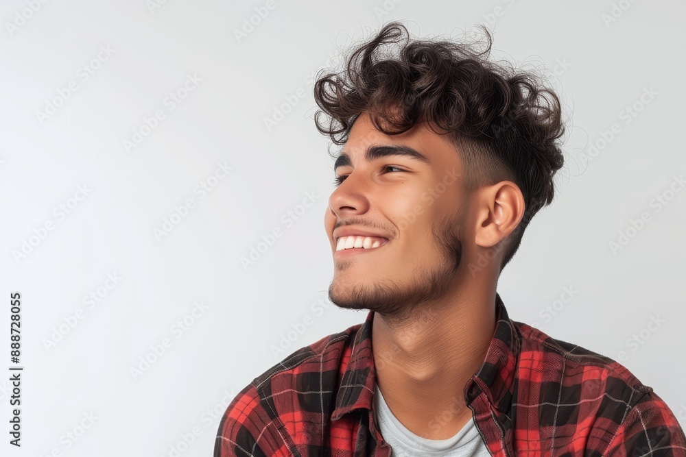 Fototapeta premium Side smiling Brazilian man alone on white background