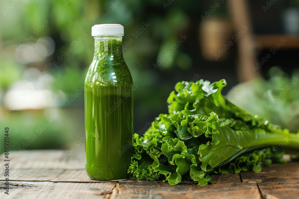 Fresh green juice in a glass bottle next to a bunch of leafy greens. Fresh green juice in a glass bottle next to a bunch of leafy greens.