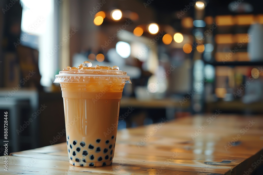 Close-up of a refreshing iced bubble tea with tapioca pearls in a clear plastic cup. Close-up of a refreshing iced bubble tea with tapioca pearls in a clear plastic cup.