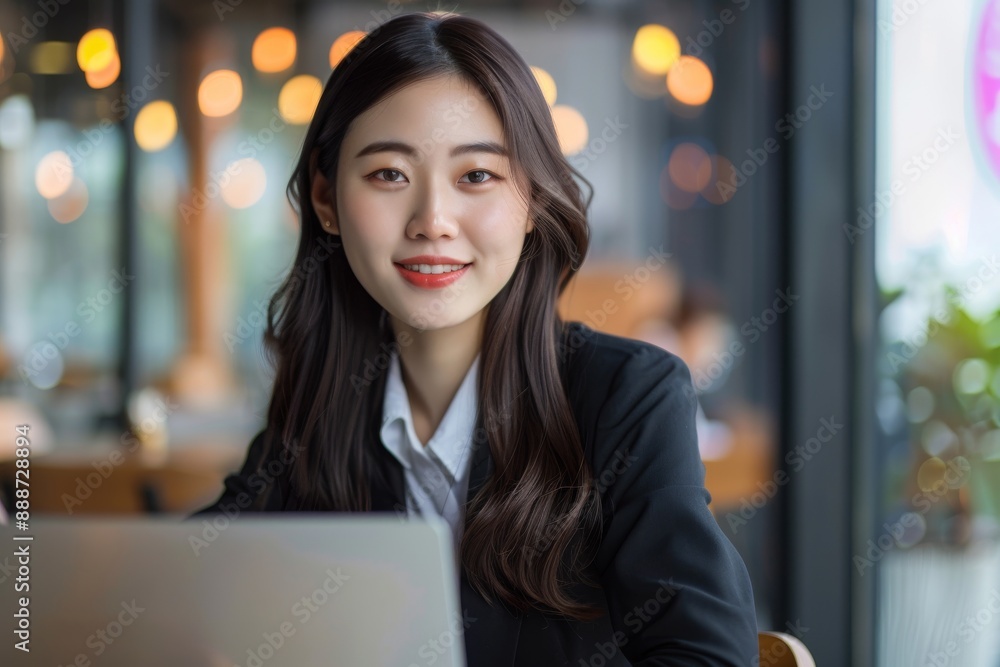 Portrait of a beautiful smiling asian business woman in a casual suit working on a laptop at the office. Portrait of a beautiful smiling asian business woman in a casual suit working on a laptop at the office.