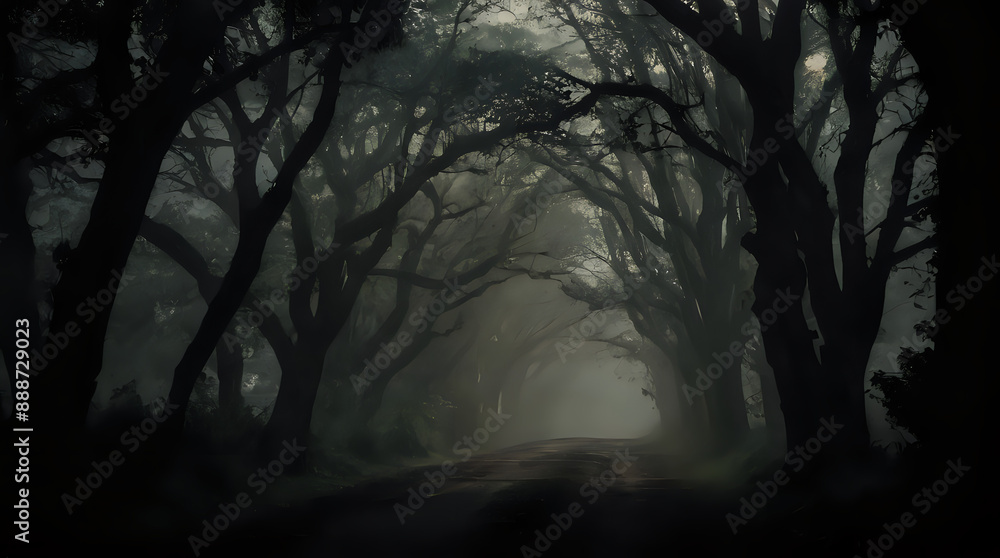a view of a road with trees and fog in the background a view of a road with trees and fog in the background