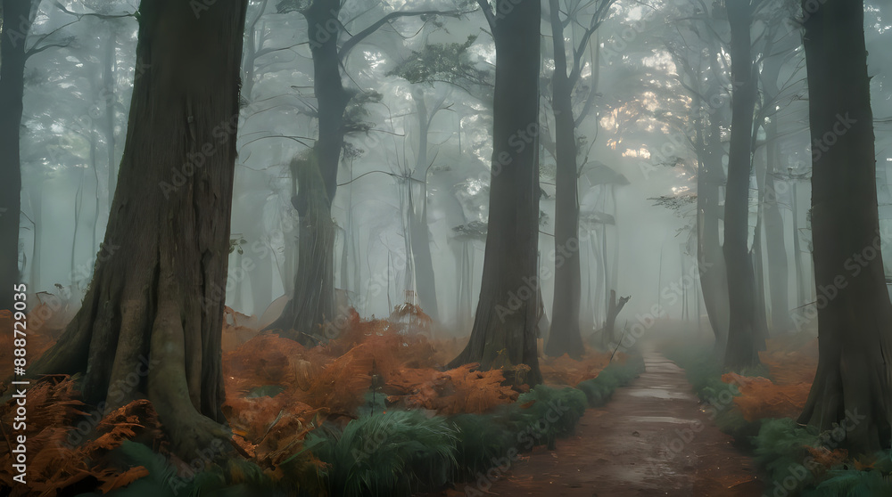 Obraz premium trees and ferns line a path in a misty forest