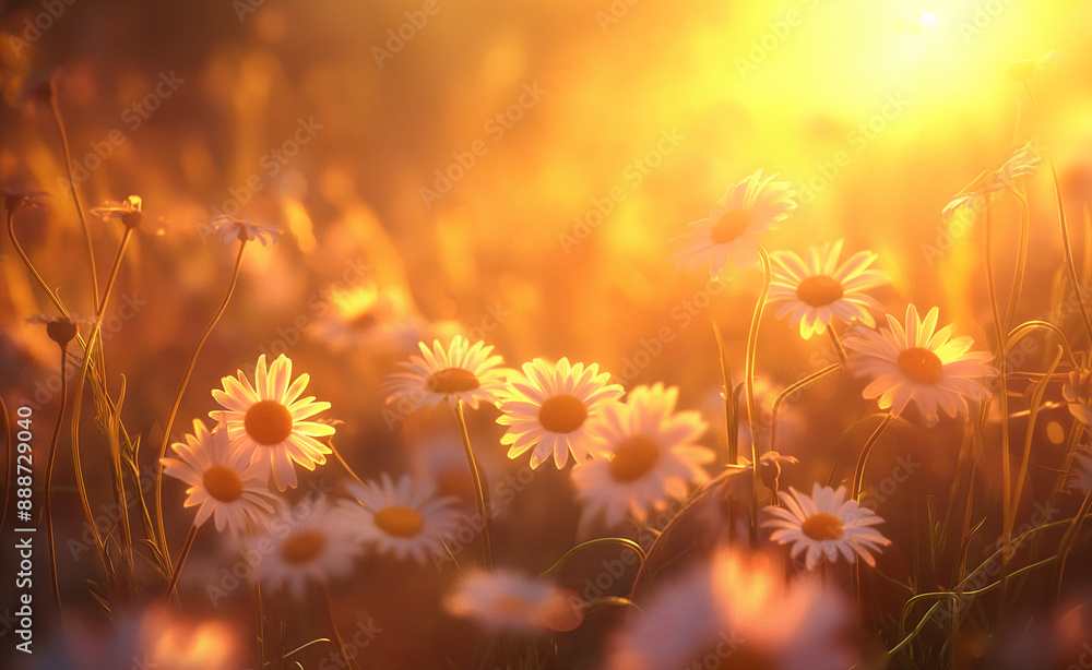 Fototapeta premium A serene field of daisies illuminated by warm, golden sunlight.