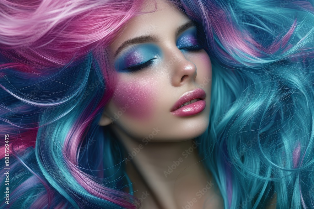 Fototapeta premium Stunning lady with vibrantly colored hair artistic makeup and hairstyle Gorgeous face