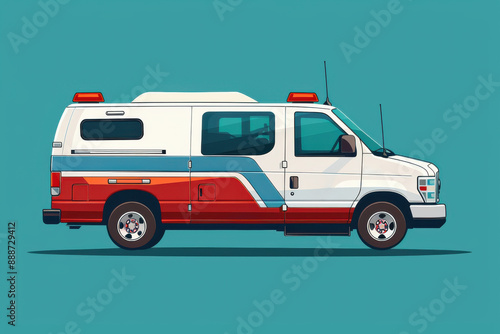 Wallpaper Mural A detailed vector illustration of a red and white ambulance on a blue background, depicting an emergency medical vehicle used in healthcare services. Torontodigital.ca