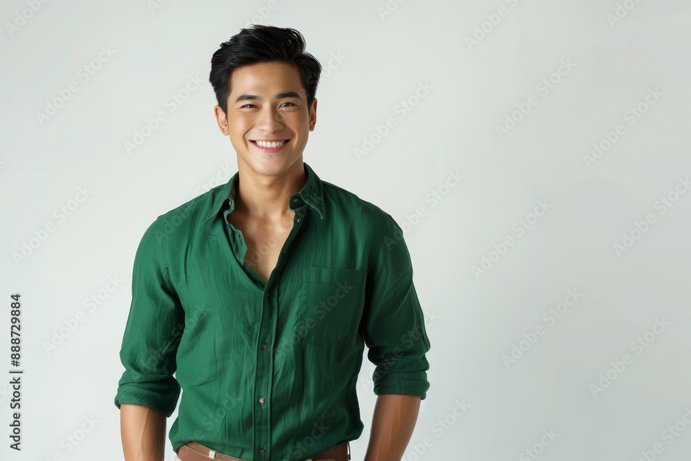 Stylish Asian man posing in green casual outfit on white background smiling Online business concept Stylish Asian man posing in green casual outfit on white background smiling Online business concept