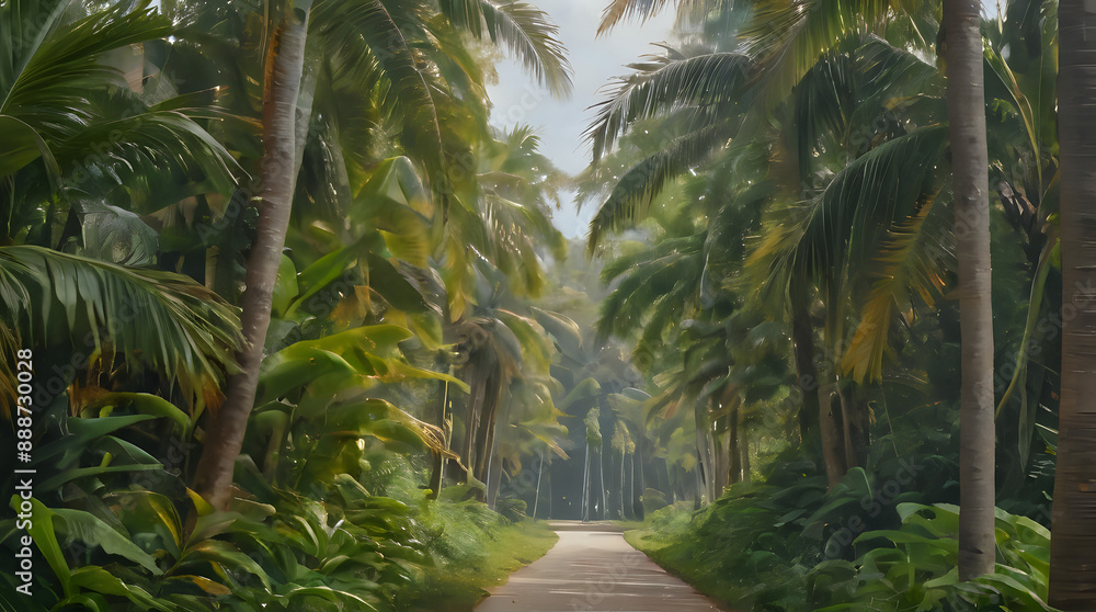 a man riding a bike down a path between palm trees a man riding a bike down a path between palm trees