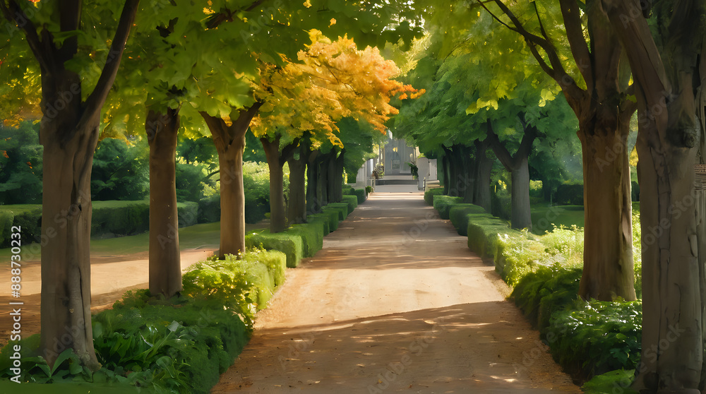 trees line a path in a park with a statue in the distance trees line a path in a park with a statue in the distance