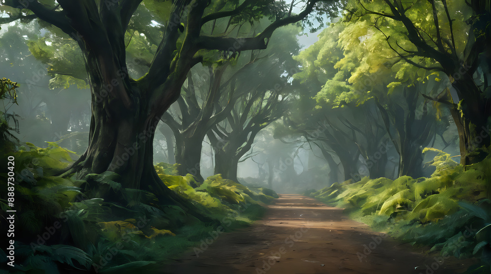 Naklejka premium a painting of a path through a forest with trees