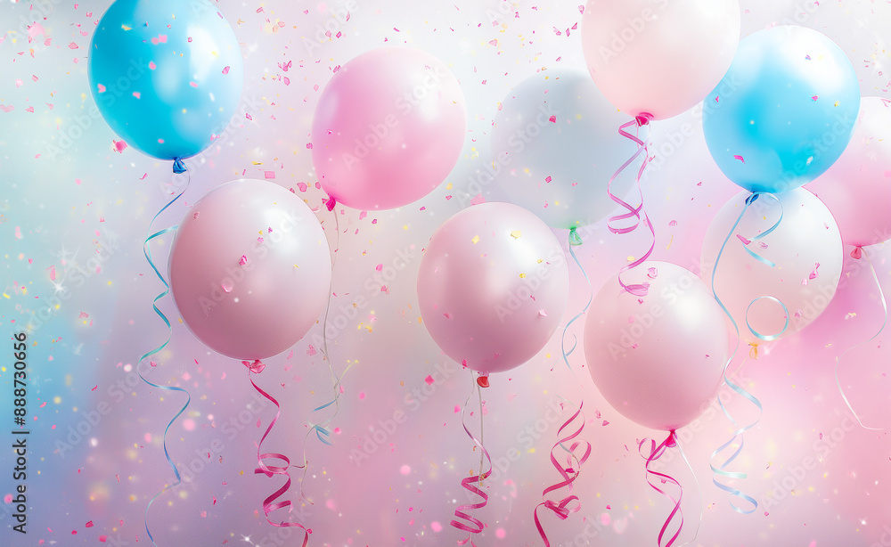 A pastel-themed balloon arrangement with star confetti in the air.