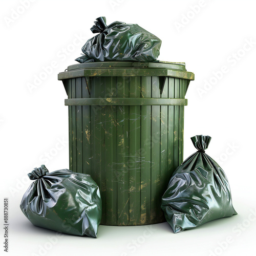 Green garbage can with three full black trash bags isolated on white background photo