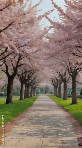 a painting of a park with a bench and trees