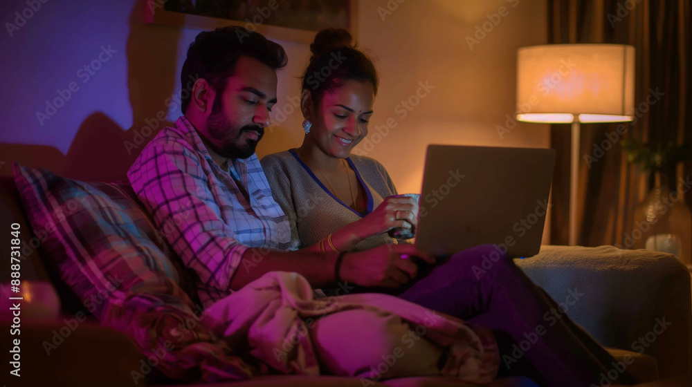 Couple Relaxing on Couch at Night While Using Laptop Couple Relaxing on Couch at Night While Using Laptop