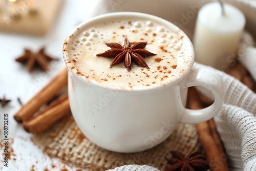 Warm spiced latte with star anise and cinnamon sticks, perfect for cozy winter days.